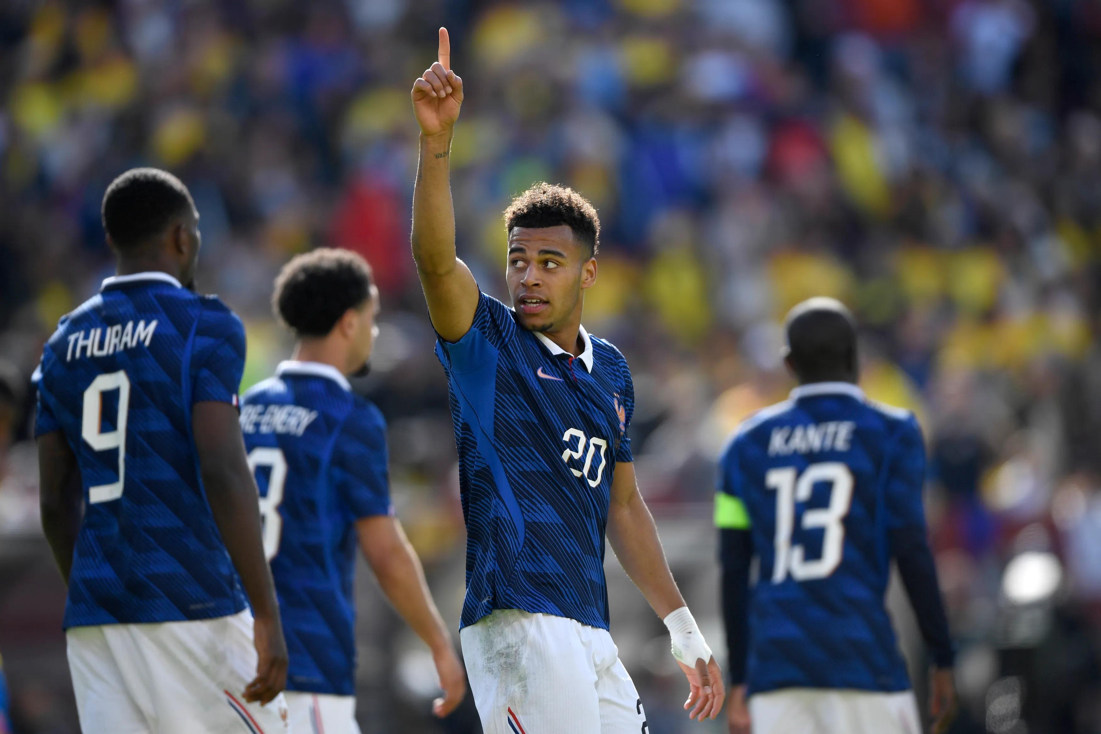 LANDOVER, MARYLAND - MARCH 29: Desire Doue of France celebrates scoring his team's third goal during the international friendly match between Colombia and France at Northwest Stadium on March 29, 2026 in Landover, Maryland. (Photo by Hannah Foslien/Getty Images)